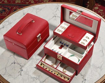 Red Jewelry Box Organizer | Mirrored Storage Case, Gift for Her