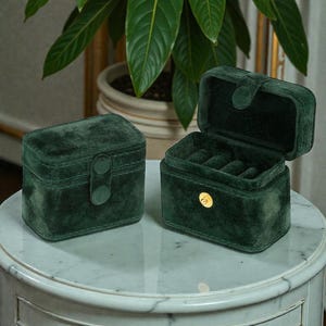 Puede incluir: Dos joyeros de terciopelo verde oscuro, uno cerrado y otro abierto, sobre una mesa con tapa de mármol. La caja abierta revela ranuras para anillos. Ambas cajas tienen un cierre de botón. Una planta de interior está en el fondo.
