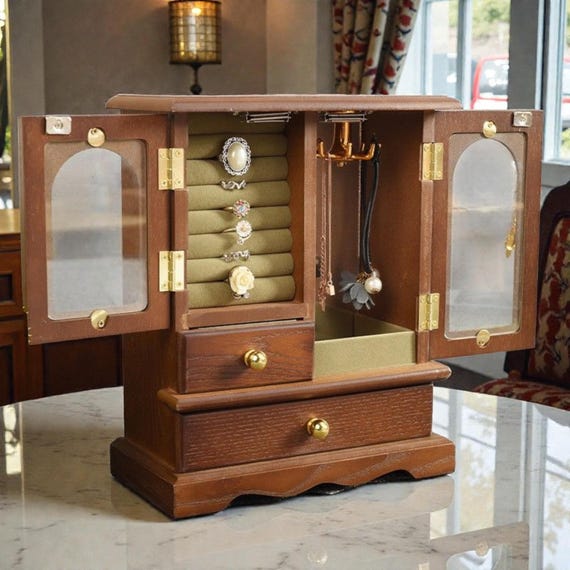 Wooden Jewelry Box Organizer with Drawers and Doors | Ring, Earring, Necklace & Bracelet Storage | Elegant Jewelry Armoire Case