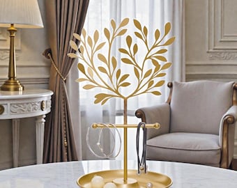 Gold Tone Jewelry Tree Stand | Vanity Organizer with Tray