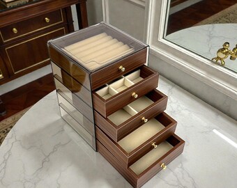 Wooden Jewelry Organizer Box | Glass Top, 3-Drawer Storage