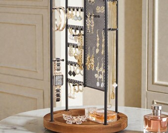 Rotating Jewelry Organizer | Black Metal, Wooden Base Display Stand