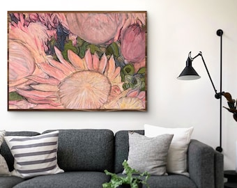 Titel: „Pretty in Pink“ 2021 – Wunderschöne Protea-Blumen. Mischtechnik, Marker, Leinwand, Acrylfarbe, verschiedene Papiere.