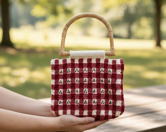 Bolso de cuadros a crochet con cerezas - Monedero artesanal a cuadros con asas de bambú - Descarga digital en PDF DIY