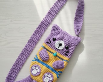 Monedero de gato a crochet para teléfono/ Regalo para amantes de los gatos/ Descarga PDF