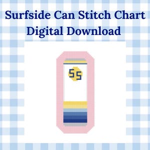 May include: Digital cross-stitch chart titled "Surfside Can Stitch Chart." The design features a pixelated can with pink, yellow, and blue details. The background is a light blue and white gingham pattern.