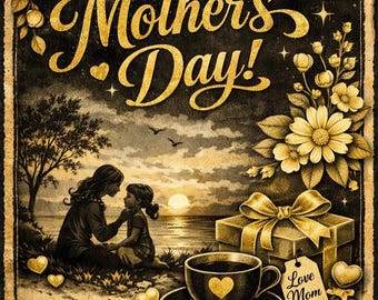 Postal vintage en blanco y negro para el Día de la Madre. Silueta elegante, sello floral, taza de té y escena de regalo. Mensaje: "Con amor, mamá".