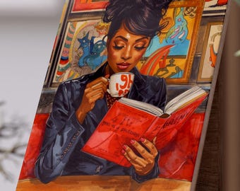 Black Woman Reading Tile | African American Book Lover Home Decor, Melanin Art