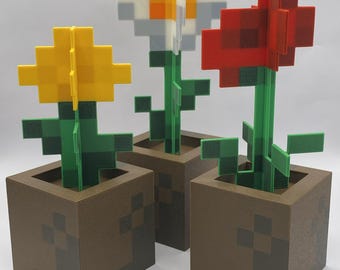 Pixel-style decorative flowers with pot – Set of 3 3D flowers – Gaming decoration – Block plants – Original gift – Pixel decor
