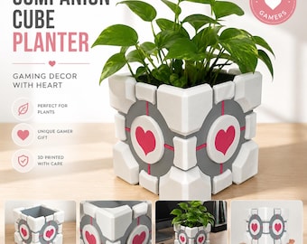 Companion Cube Gamer Planter – Decorative Planter Inspired by Portal – 3D Printed Planter for Plants and Gaming Setup