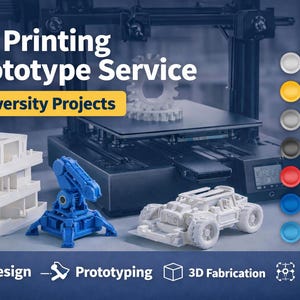 以下が含まれることがあります： 大学プロジェクト向けの3Dプリントサービスを紹介する画像。3Dプリンター、白と青で印刷された様々なプロトタイプ、PLA、PETG、ABSなどの材料を示すカラーキーが含まれています。「3D Printing Prototype Service」と書かれています。