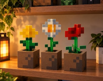 Fiori decorativi in stile pixel con vaso – Set di 3 fiori 3D – Decorazione per videogiochi – Piante a blocchi – Regalo originale – Decorazione pixel
