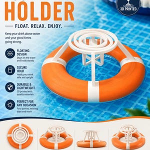 Puede incluir: Un portabebidas flotante para piscina impreso en 3D con una base de salvavidas naranja y blanca y una estructura de soporte circular blanca para vasos. El producto se muestra en múltiples vistas, incluyendo superior, lateral y en perspectiva.