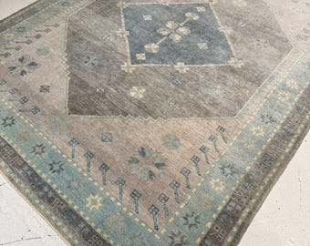 Vintage Oushak Rug, Hand Knotted Wool Rug, Faded Turkish Rug, Blue Gray Area Rug, Distressed Oriental Carpet,