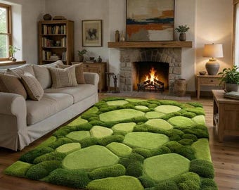 Hand Tufted Wool Abstract moss green , Irregular Modern Carpet, Black White Floor Runner