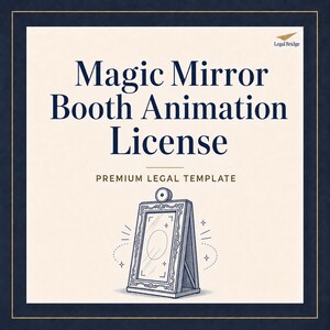 Könnte beinhalten: Ein digitales Dokument mit dem Titel Magic Mirror Booth Animation License Premium Legal Template und dem Logo von Legal Bridge. Die Grafik zeigt eine Strichzeichnung einer stehenden Spiegelkabine mit Kameraobjektiv und Sternen.