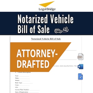Puede incluir: Un documento titulado "Contrato de compraventa de vehículo notariado" con el logotipo de Legal Bridge. El documento incluye el texto "REDACCIÓN DE ABOGADO" y campos para detalles del vehículo como año, marca, modelo y VIN. Se ven iconos de PDF, Word y editar.