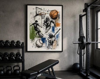 Hand Drawn Sports Collage Print | Basketball, Football, Soccer, Baseball Wall Art (Digital Download)