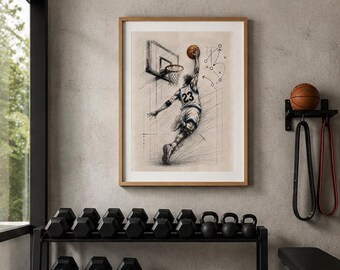 Hand Drawn Basketball Dunk Sketch Print, Sports Player Art (18x24 Digital Download)