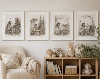 Woodland Nursery Art Print Set: Forest Animals, Storybook Style (Digital Download) set of 4