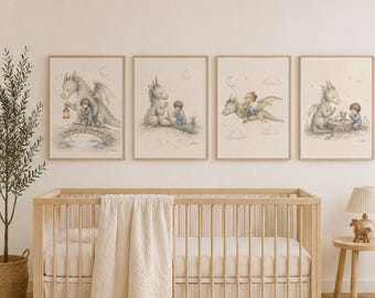 Dragon Nursery Art Print Set, Whimsical Hand Drawn Fantasy Wall Art (Digital Download)
