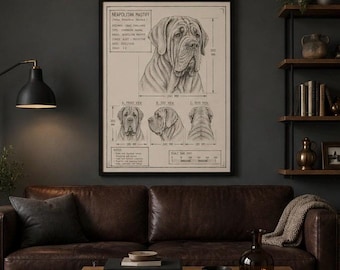 Neapolitan Mastiff Blueprint Print, Hand Drawn Dog Art, Vintage Technical Sketch (18x24 Download)