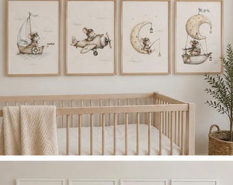 Whimsical Mouse Nursery Art Prints, Hand Drawn Storybook Animals (Digital Download)