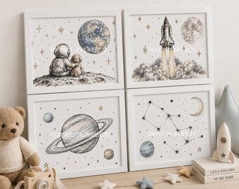 Space Nursery Wall Art Bundle | Astronaut Puppy, Saturn, Constellation Prints (Digital Download)