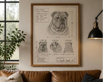 Bulldog Blueprint Wall Art, Hand Drawn Dog Sketch, Vintage Patent Print (18x24 Digital)