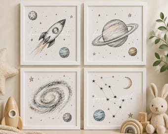 Celestial Nursery Art Print Bundle | Rocket, Saturn, Galaxy, Constellation (Digital Download)