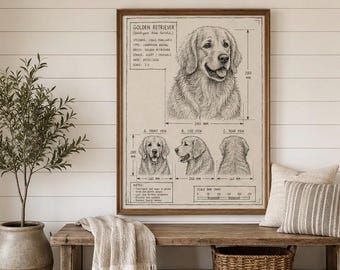 Golden Retriever Blueprint Print, Hand Drawn Dog Illustration, Vintage Patent Art (18x24 Download)