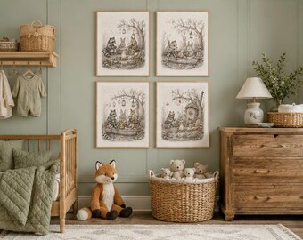 Woodland Nursery Art Set, Hand Drawn Forest Animals, Neutral Nursery Decor (18x24 Digital)