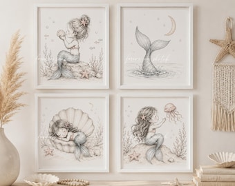 Hand Drawn Mermaid Nursery Prints | Whimsical Coastal Wall Art (Digital Download)