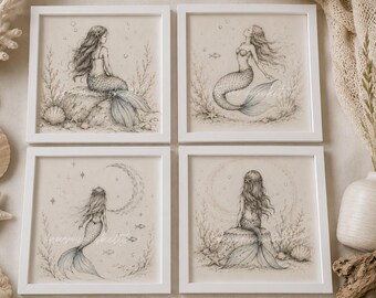 Mermaid Nursery Art Prints | Hand-Drawn Coastal Set (4) (Digital Download)