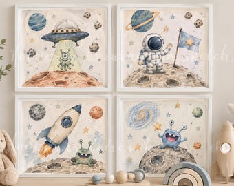 Space Nursery Prints | Hand Drawn Astronaut, Alien, Rocket Art (Digital Download)