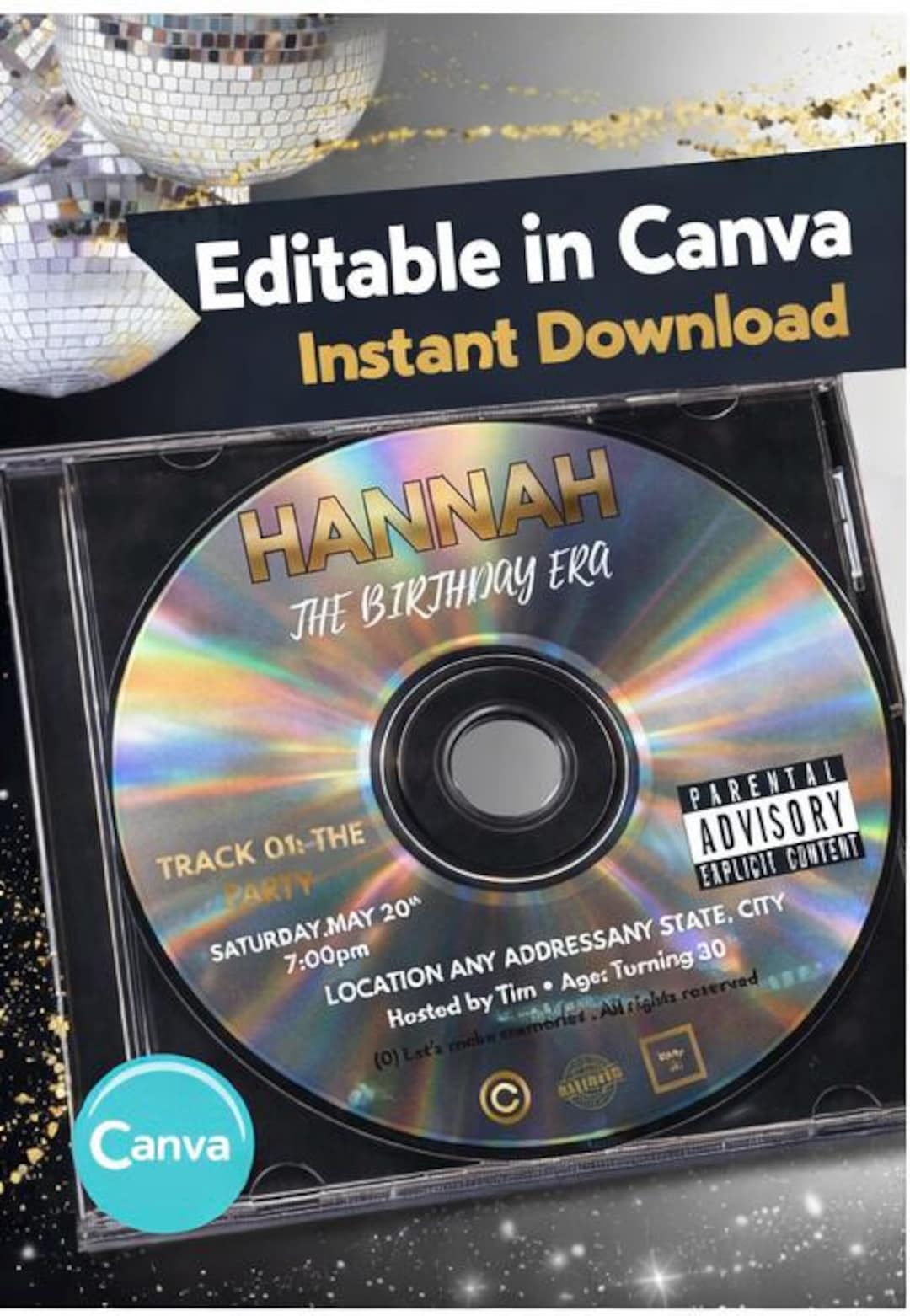 30th Birthday CD Invitation Editable Template, Disco Party Invite Canva ...