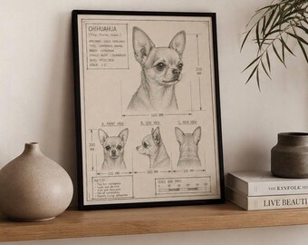 Chihuahua Blueprint Art | Hand Drawn Dog Illustration, Vintage Technical Sketch (18x24 Digital Download)