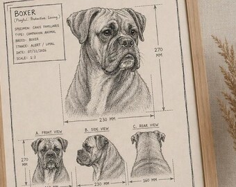 Boxer Dog Blueprint Print | Hand Drawn Vintage Scientific Illustration (18x24 Digital Download)