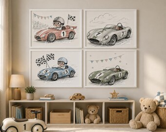 Vintage Race Car Nursery Prints | Hand Drawn Wall Art Set (Digital Download)