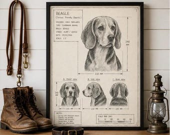 Beagle Blueprint Art | Hand Drawn Dog Sketch, Vintage Technical Drawing (18x24 Digital Download)