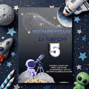 Invitación de cumpleaños de astronauta editable en Canva, invitación para fiesta espacial de niño de 5º cumpleaños con temática galáctica
