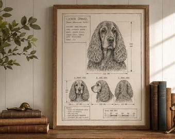 Cocker Spaniel Blueprint Art | Hand Drawn Dog Anatomy Sketch (18x24 Digital Download)