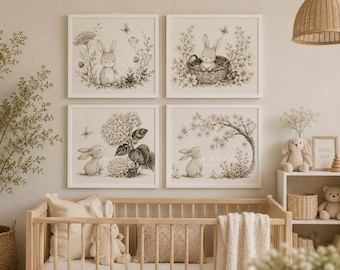 Bunny Nursery Prints | Vintage Woodland Rabbit Wall Art (Digital Download)