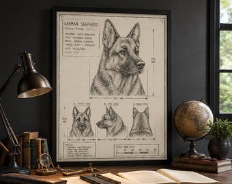 German Shepherd Blueprint Print, Hand Drawn Dog Art, Architectural Sketch (18x24 Digital Download)