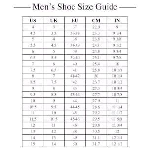 May include: A shoe size conversion chart for men, with US, UK, EU, CM, and IN measurements. The chart includes sizes from US 4 (22.9 cm, 9 in) to US 15 (31.7 cm, 12 1/2 in), with corresponding UK and EU sizes.