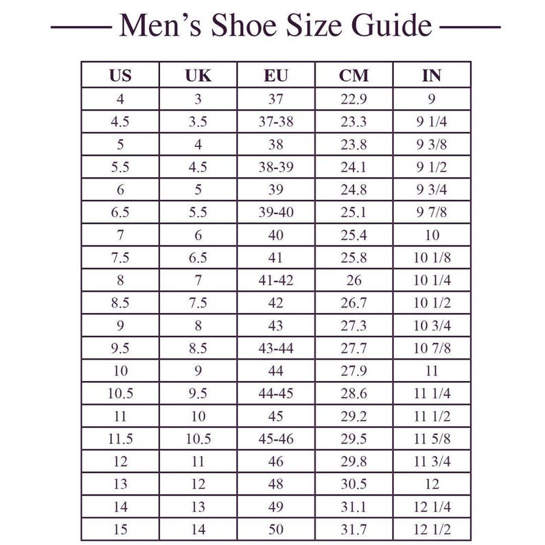 May include: A shoe size conversion chart for men, with US, UK, EU, CM, and IN measurements. The chart includes sizes from US 4 (22.9 cm, 9 in) to US 15 (31.7 cm, 12 1/2 in), with corresponding UK and EU sizes.