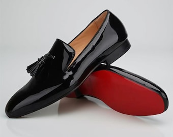 Handmade Men's Black Patent Leather Red Sole Tassel Loafers
