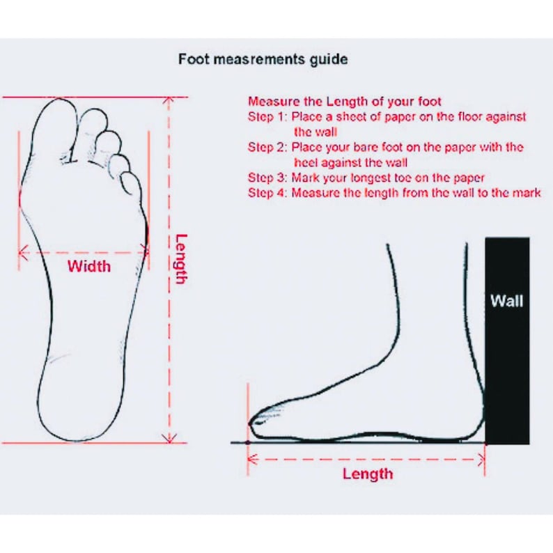 May include: A foot measurement guide with illustrations and instructions. The guide shows how to measure foot length and width using a sheet of paper and a wall. Text includes steps for accurate measurements.
