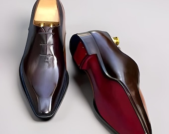 Hand Made Luxury Polished Oxblood Wholecut Oxford Shoes With Red Leather Soles.