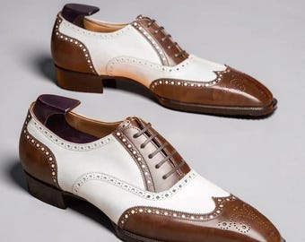 Handmade Two tone dress shoes, Men Brown, White leather wingtips spectator shoes